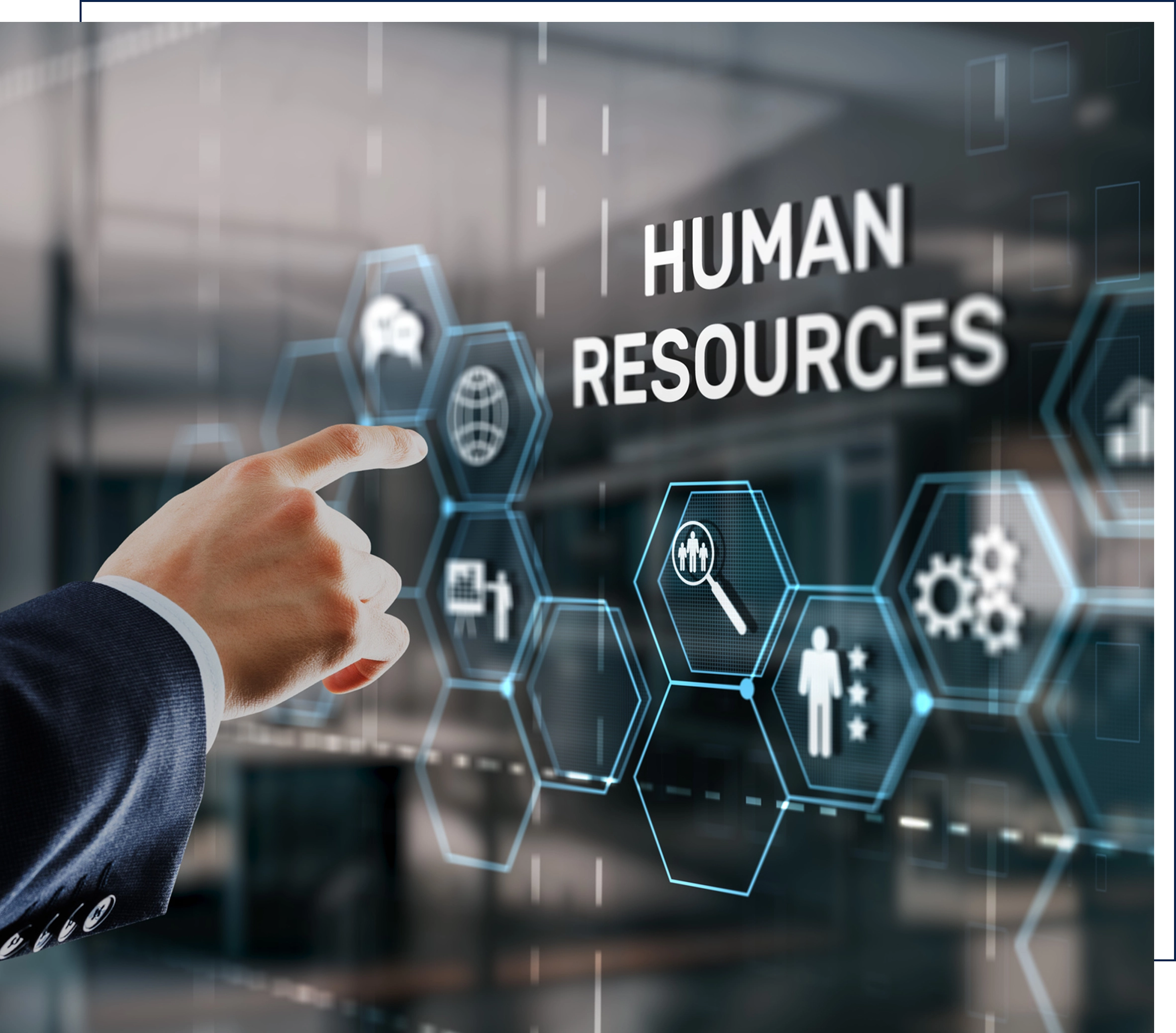 Hand pointing at human resources hologram.